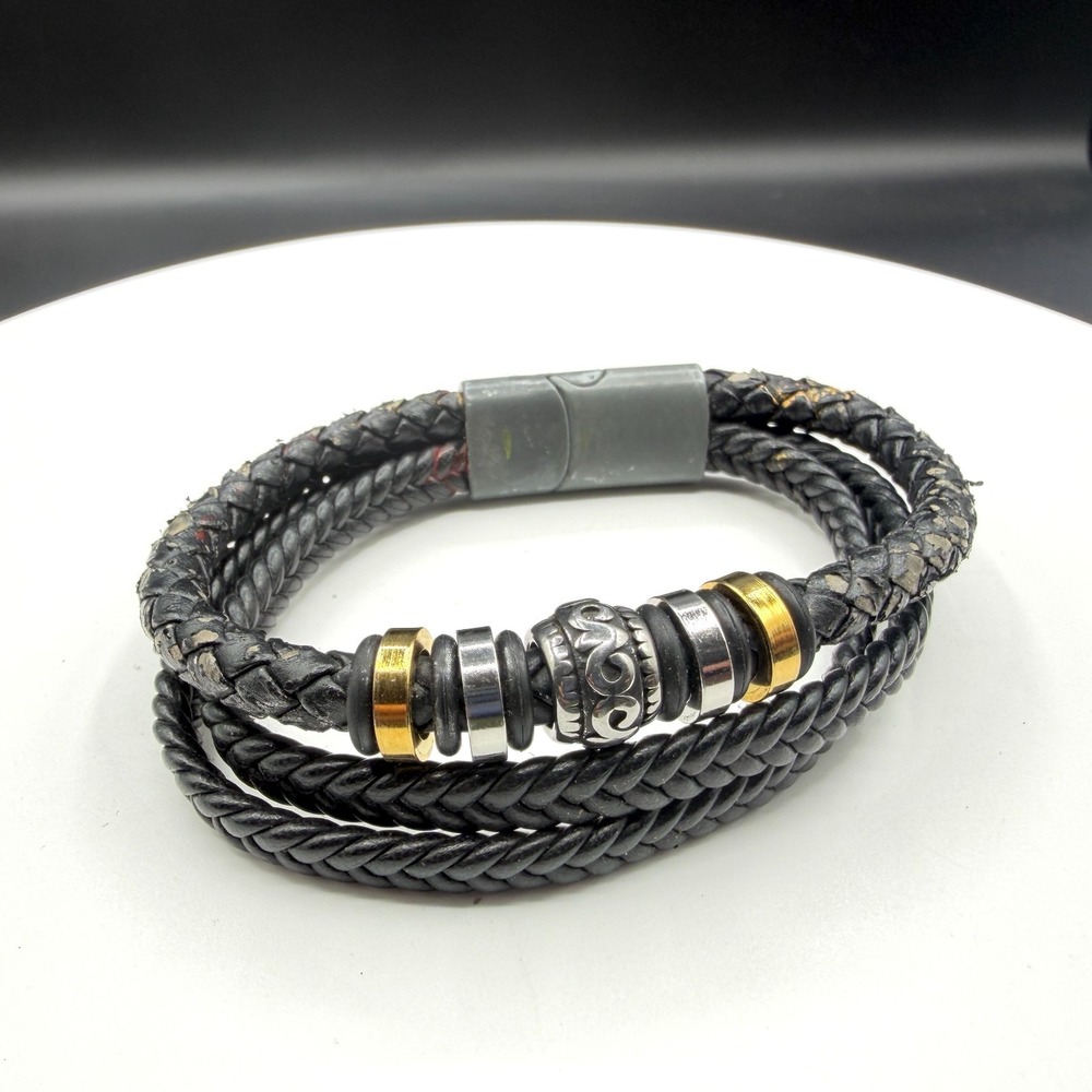 Black Braided Leather Wrap Bracelet Silver Gold Tone Magnetic Clasp Men's Gift
